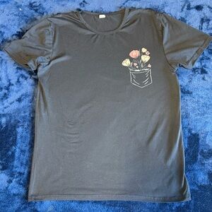 Black T-Shirt with Floral Pocket Design